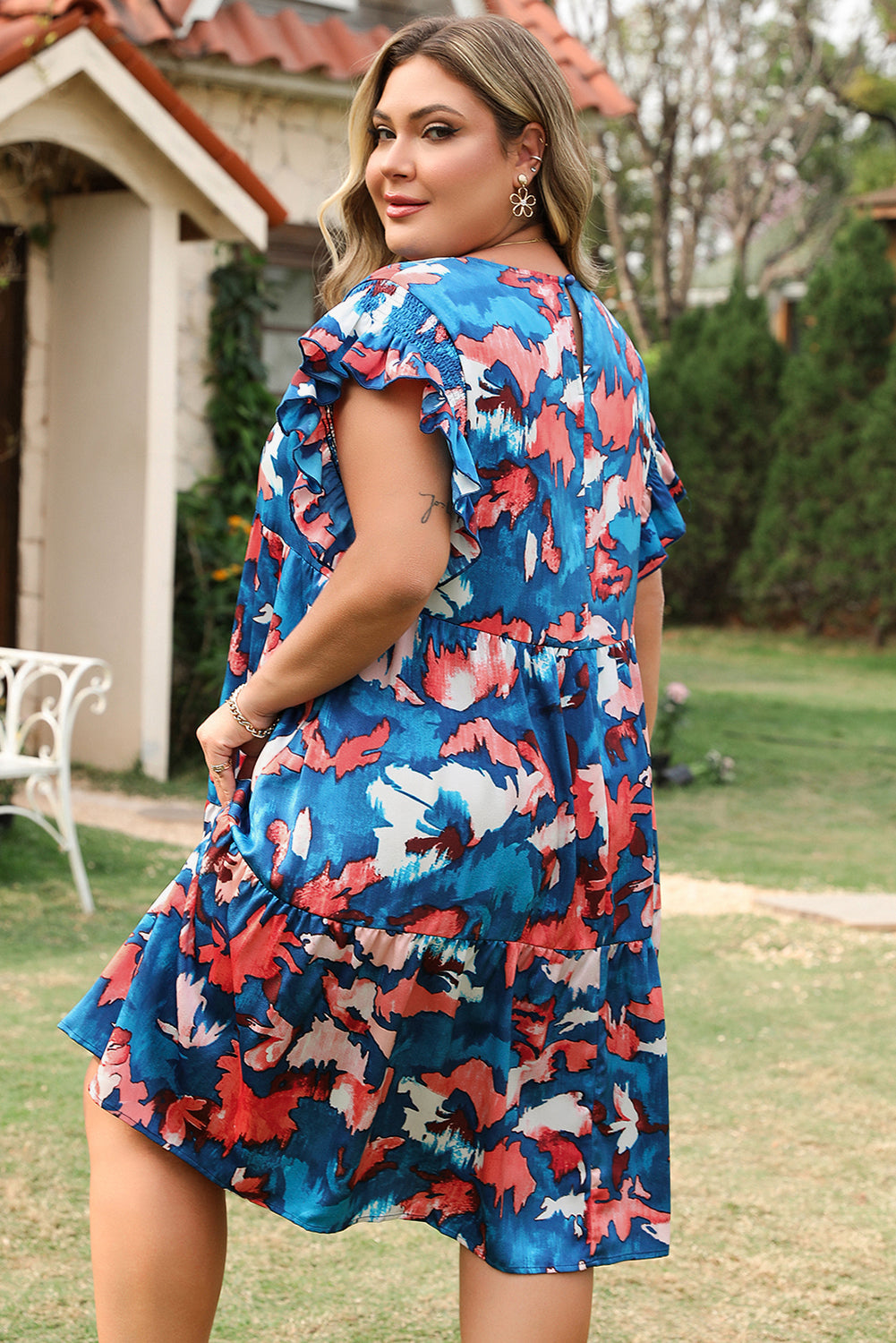 Plus Size Blue Abstract Shirred Tiered Mini Dress