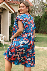 Plus Size Blue Abstract Shirred Tiered Mini Dress