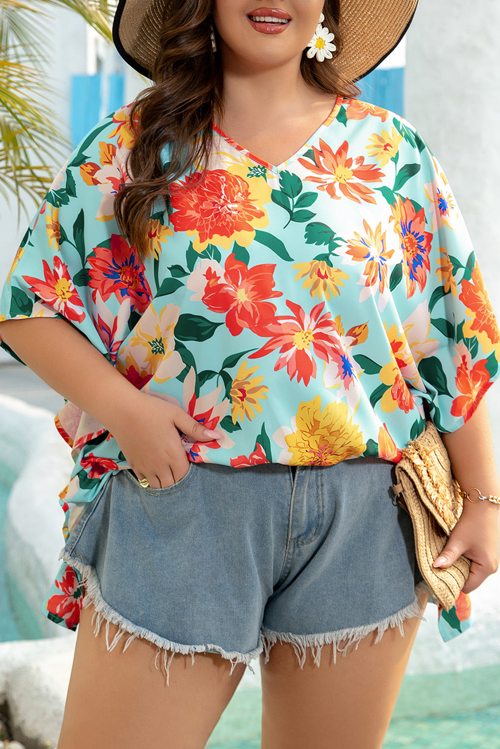 Plus Size Floral V-Neck Batwing Blouse
