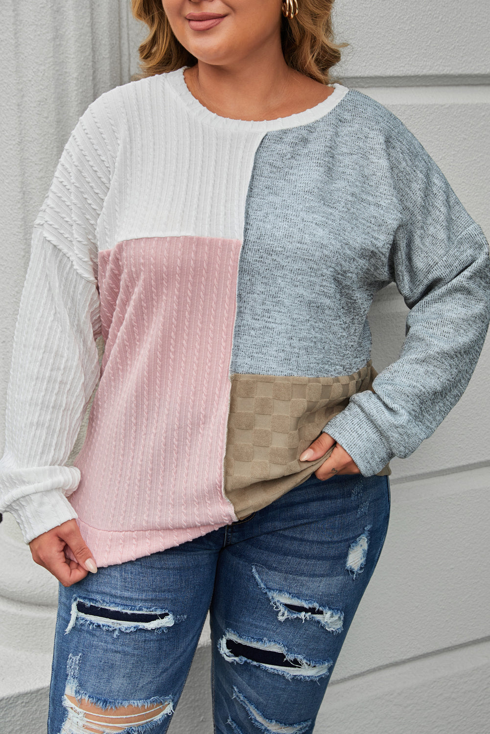 Plus Size Cable Knit Colorblock Top