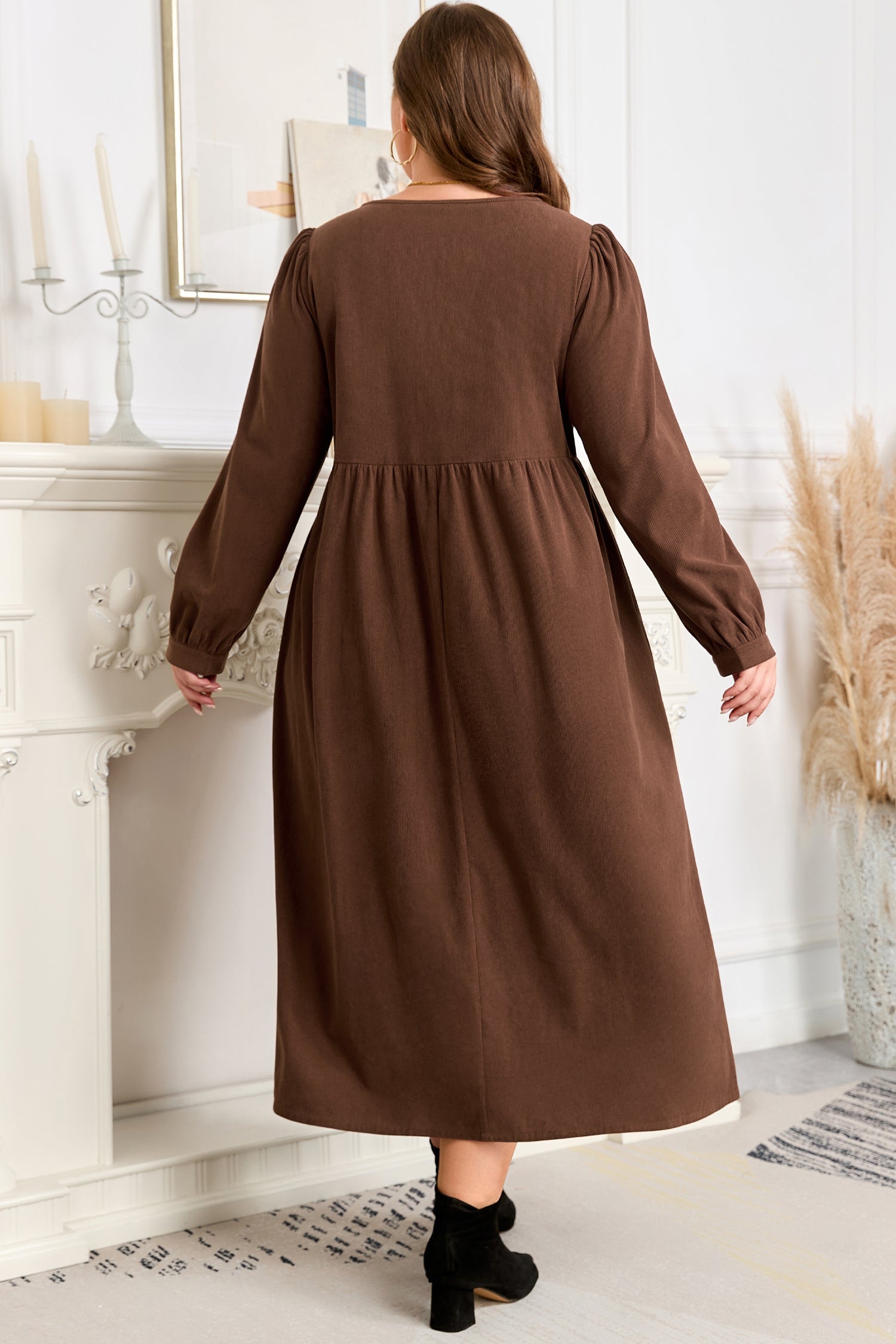 Plus Size Embroidered Notched Neck Pleated Midi Dress