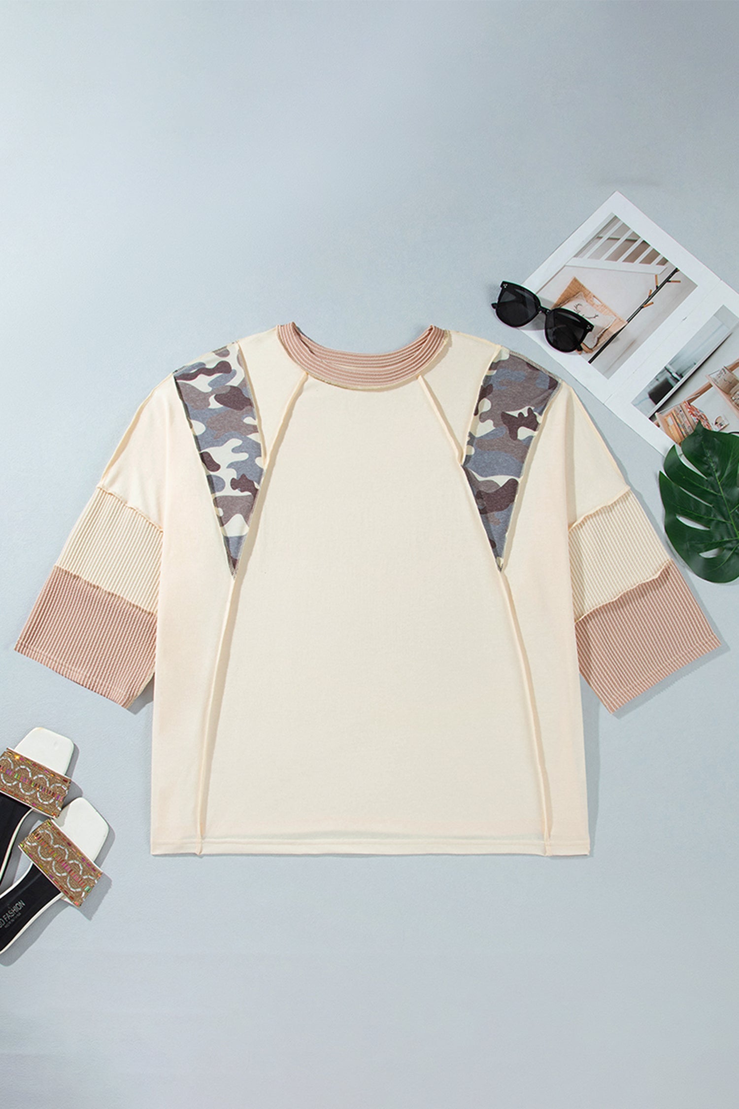 Plus Size Camo Panel Twist Rib Sleeve Blouse