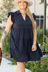 Plus Size Collared V Neck Flutter Sleeve Tiered Dress