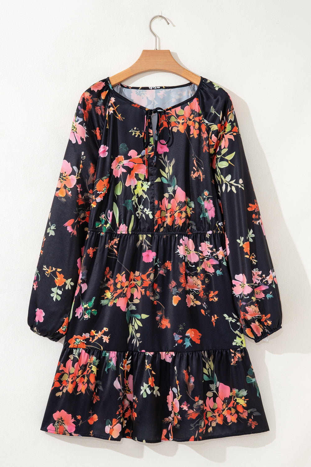 Plus Size Floral Tie Neck Mini Dress