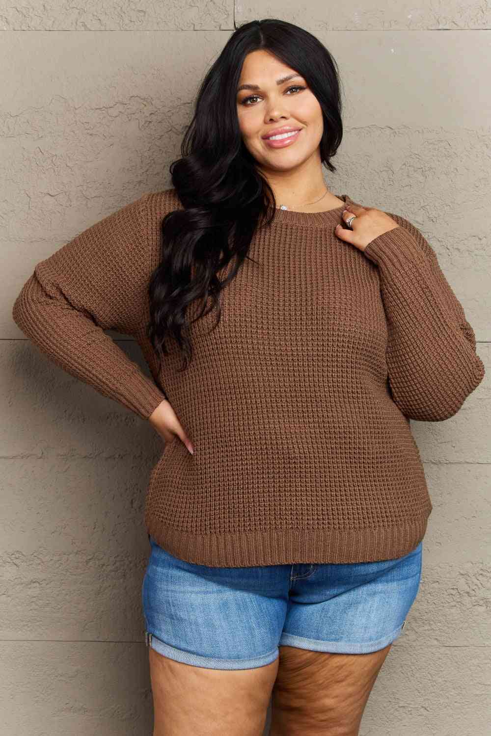 Plus Size Breezy Days High Low Waffle Knit Sweater