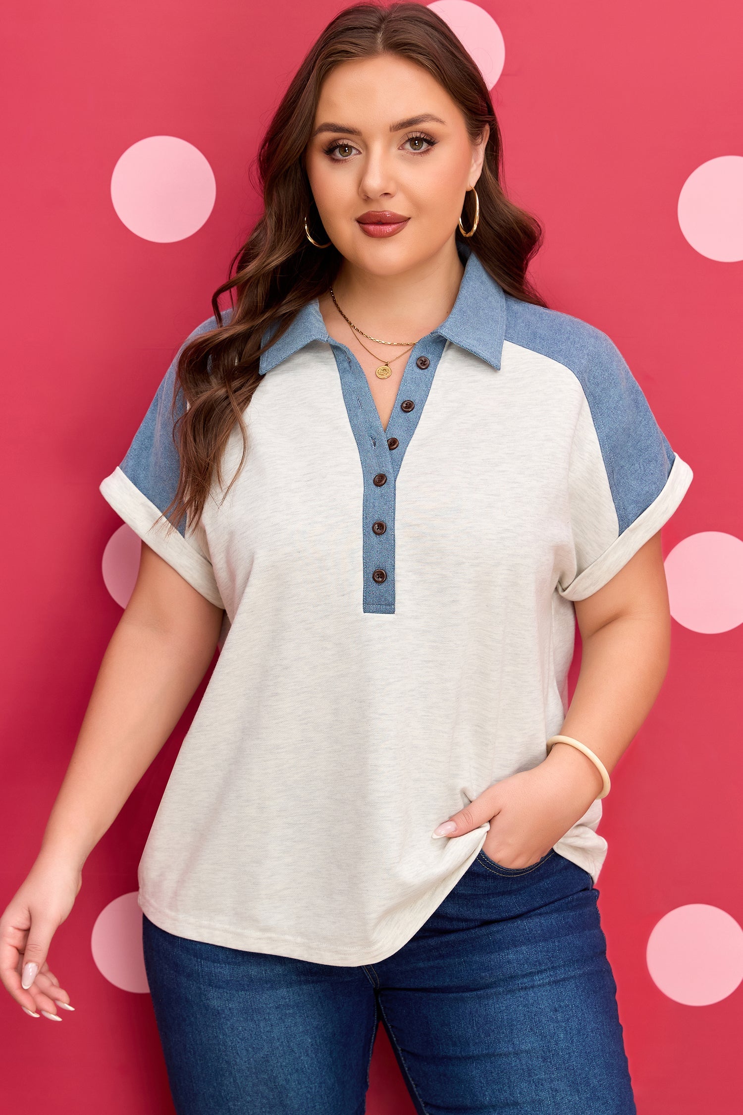 Plus Size Contrast Denim Patchwork Polo