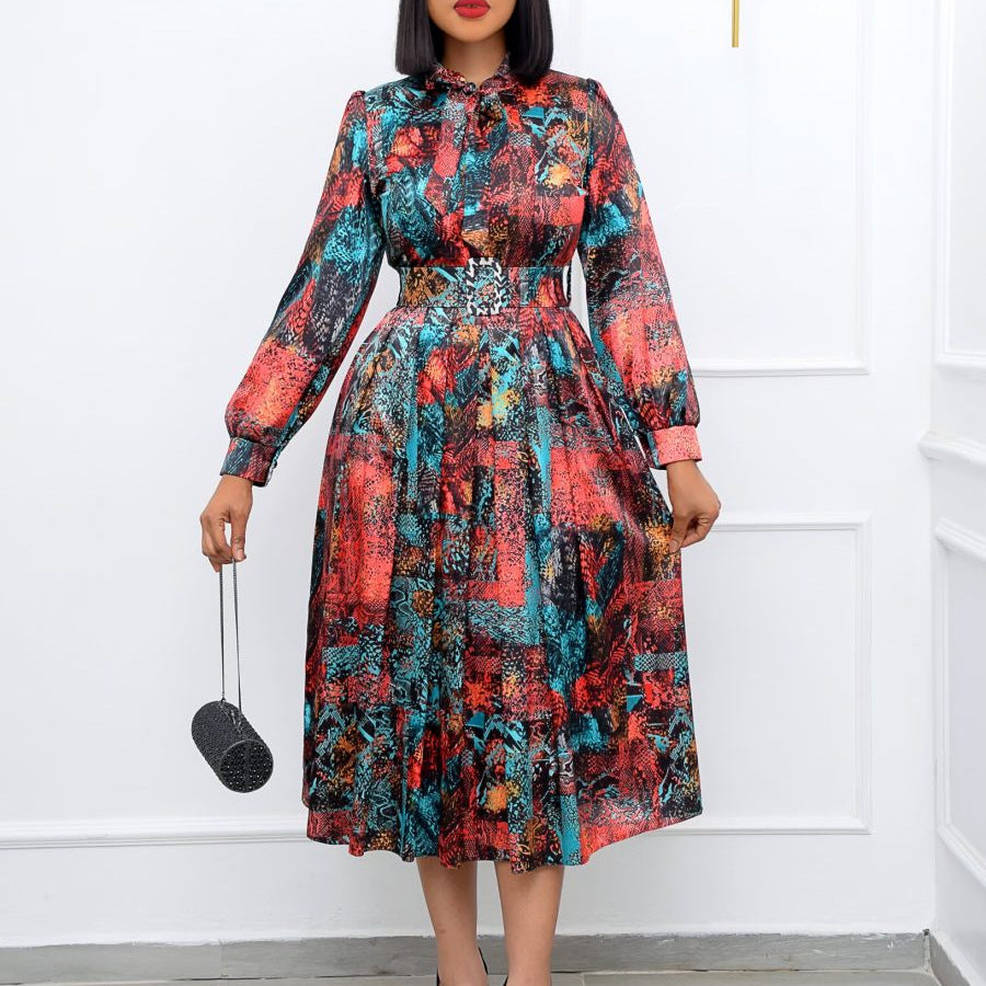Plus Size Long Sleeve High Waist Printed Dress