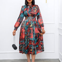 Plus Size Long Sleeve High Waist Printed Dress