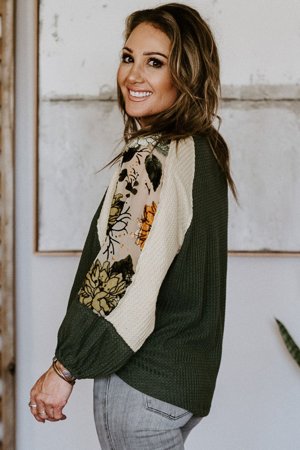 Plus Size Floral Raglan Colorblock Blouse