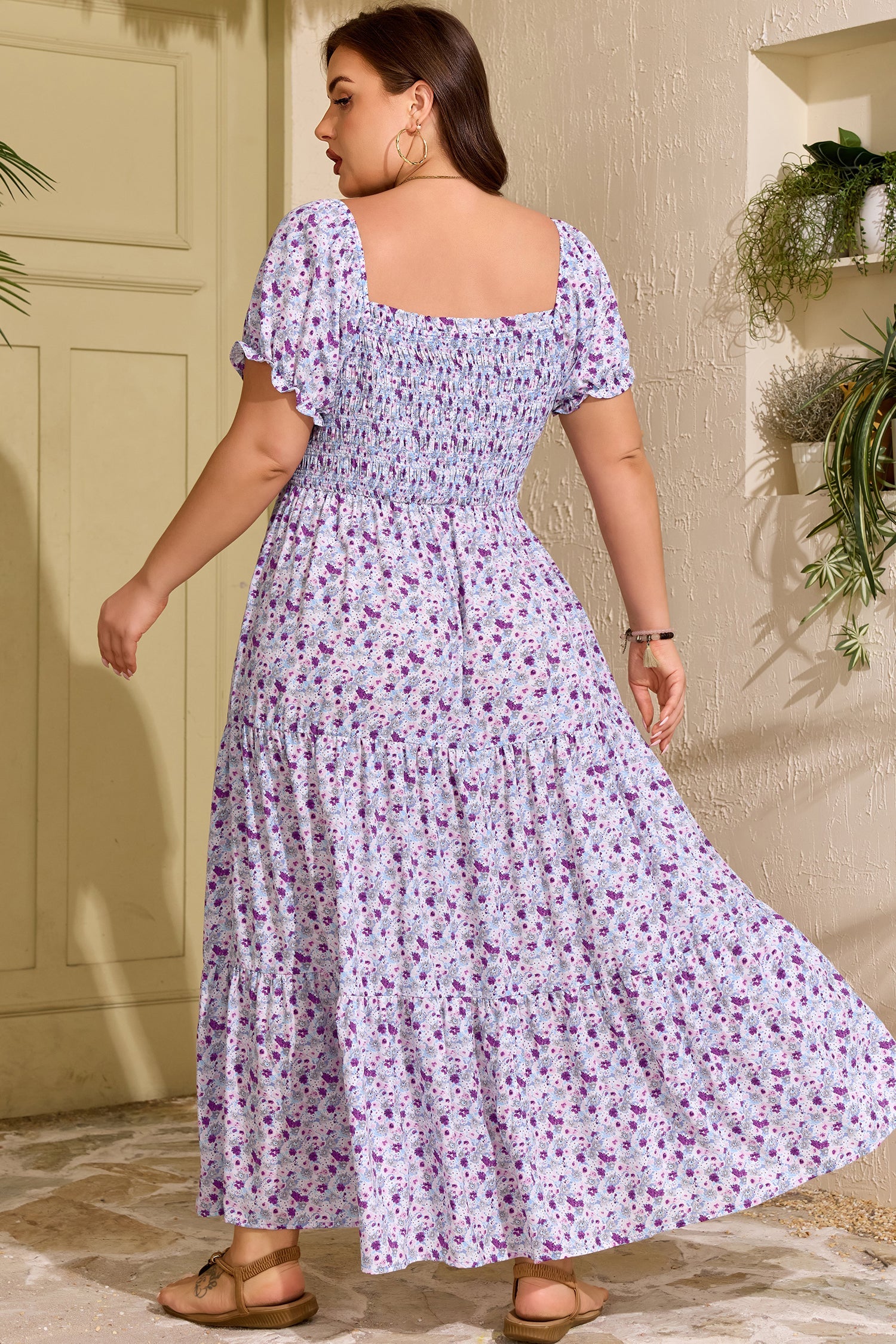 Plus Size Floral Square Neck Smocked Maxi Dress