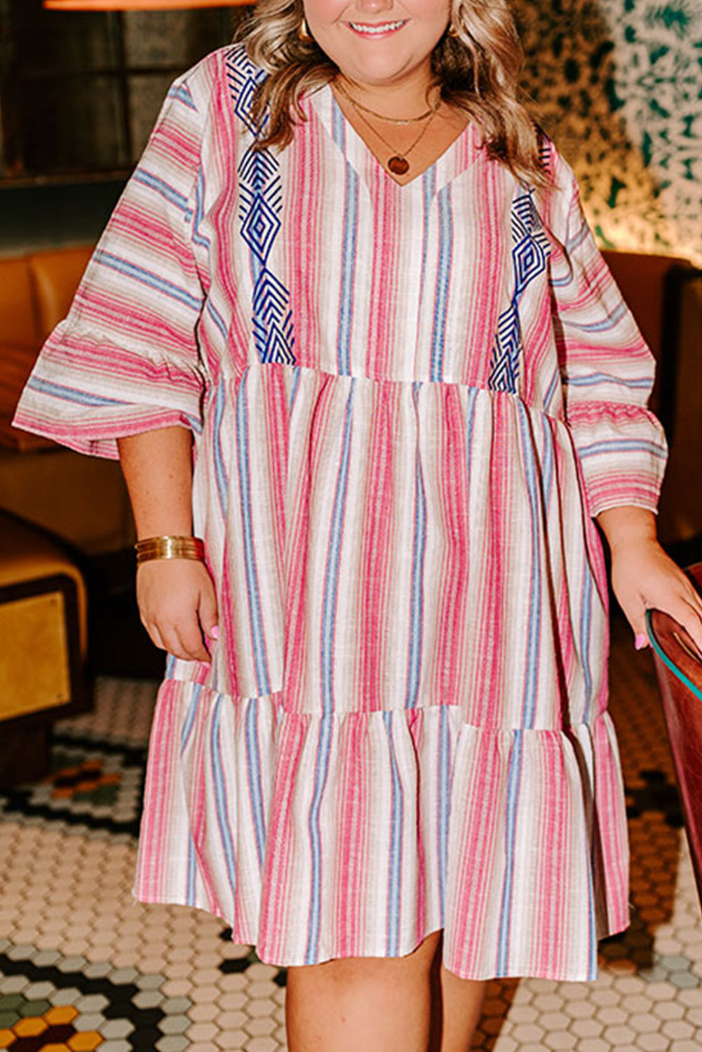 Plus Size Embroidered Flared 3/4 Sleeve Dress