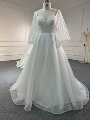 Plus Size Full Lace Sequins Puff Sleeves A-Line Dress