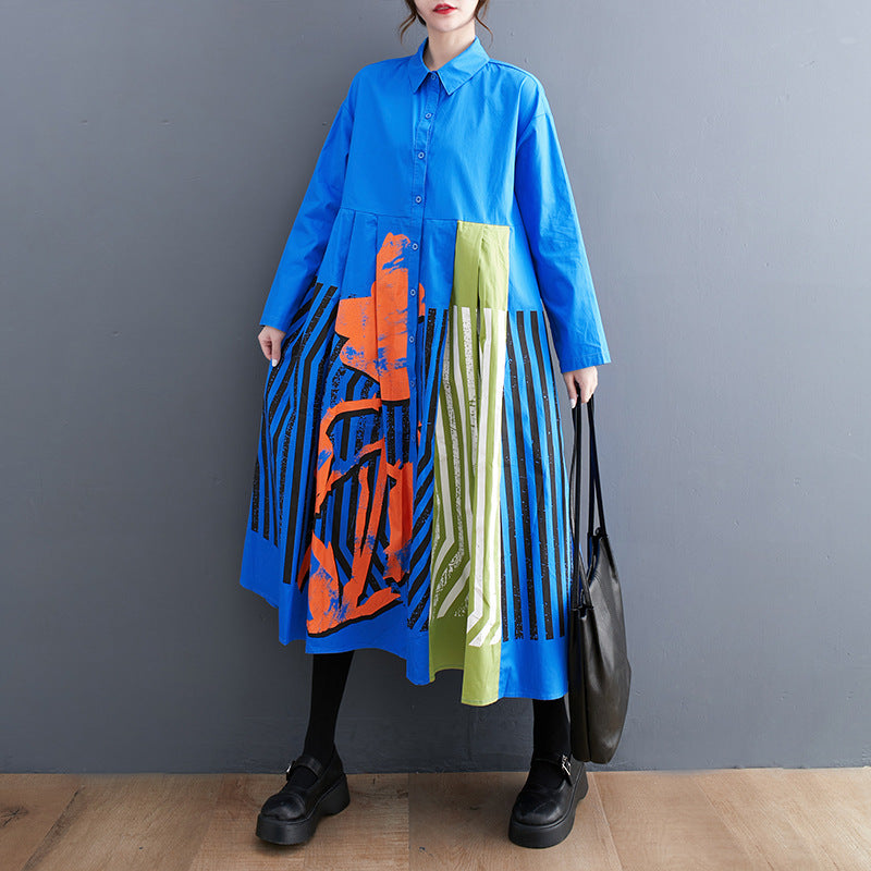 Plus Size Casual Loose Printed Patchwork Long Sleeve Dress