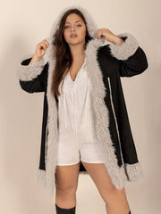 Plus Size Fuzzy Trim Open Front Hooded Coat