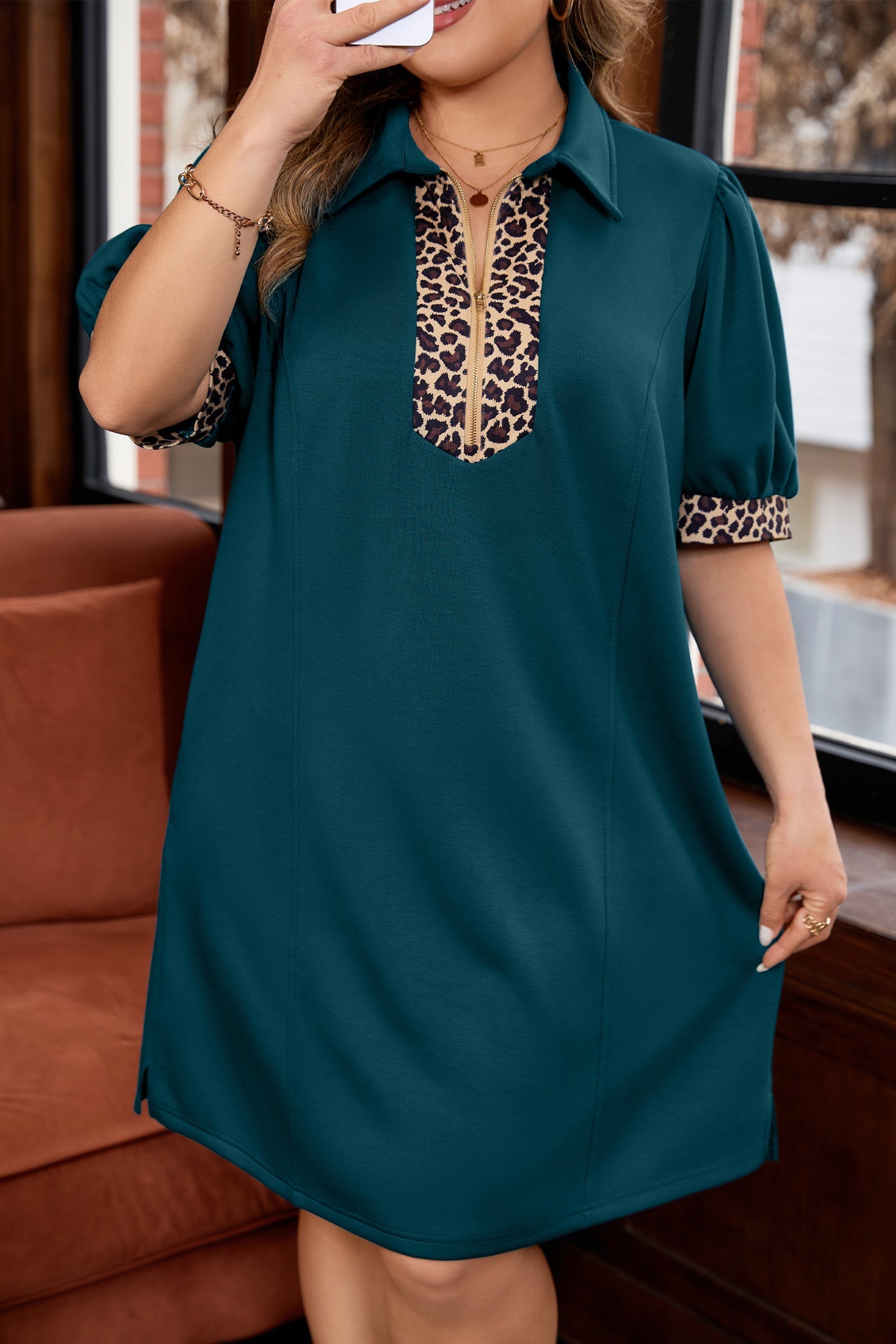 Plus Size Leopard Patchwork Quarter Zip Mini Dress