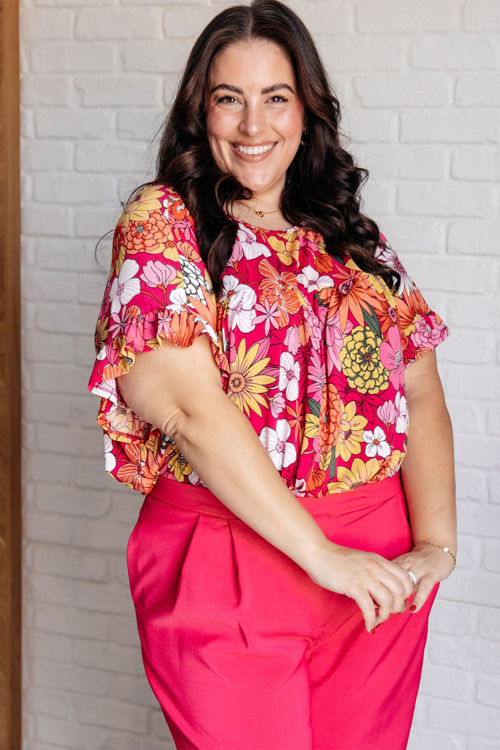 Plus Size Floral Ruffle Short Sleeve Blouse