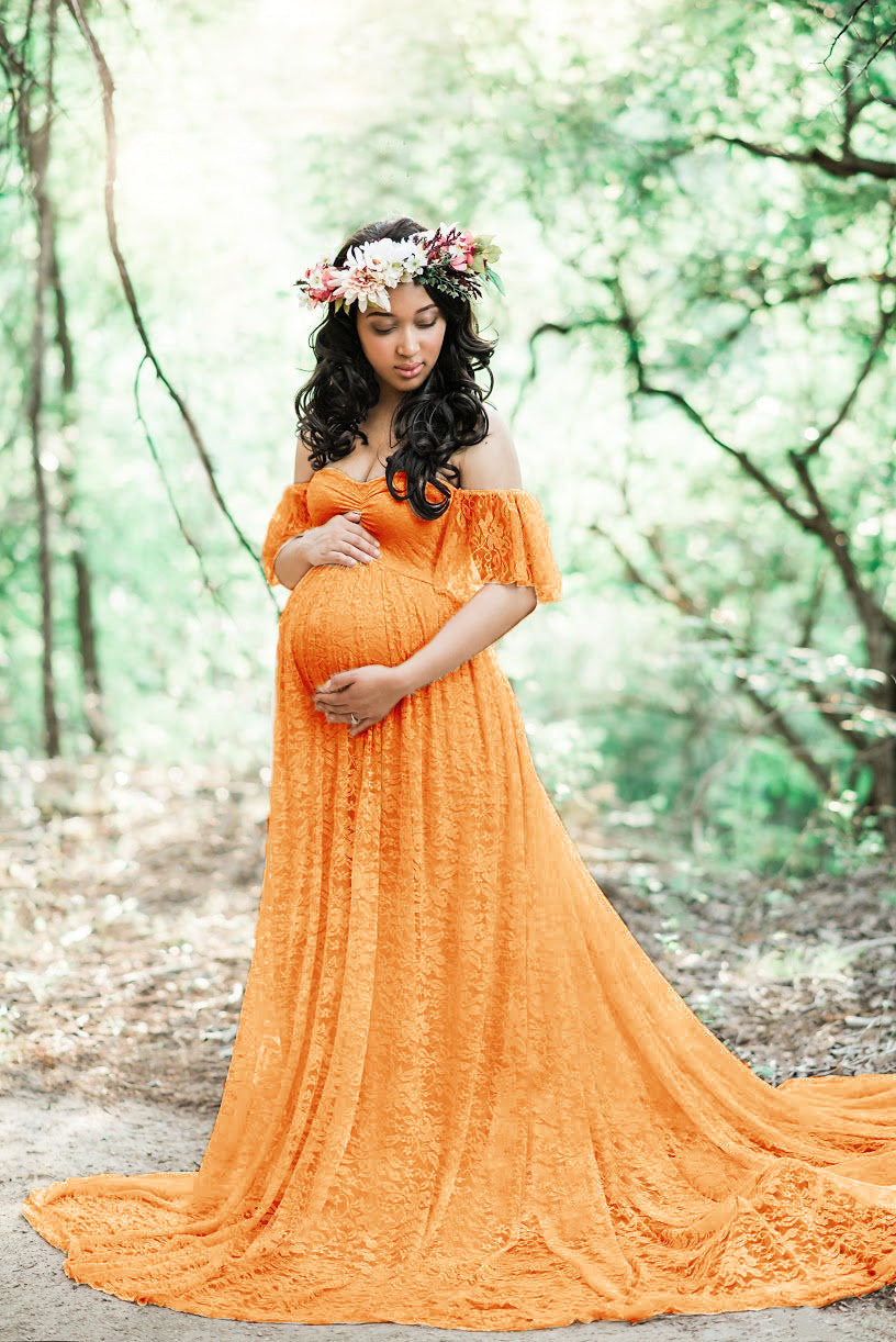 Plus Size Lace Ruffled Off-Shoulder Maternity Dress