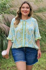 Plus Size Floral Frilled Color Block Trim Blouse
