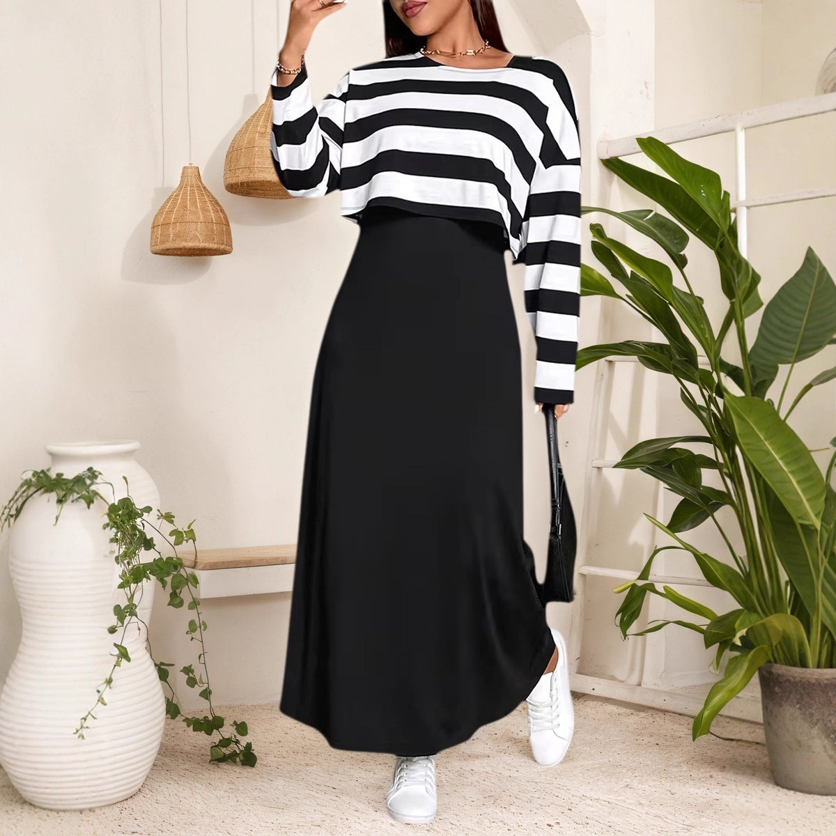 Plus Size Elegant Striped Two-Piece Maxi Dress Set