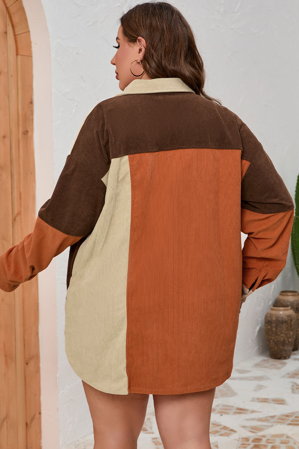 Plus Size Brown Corduroy Pocket Jacket