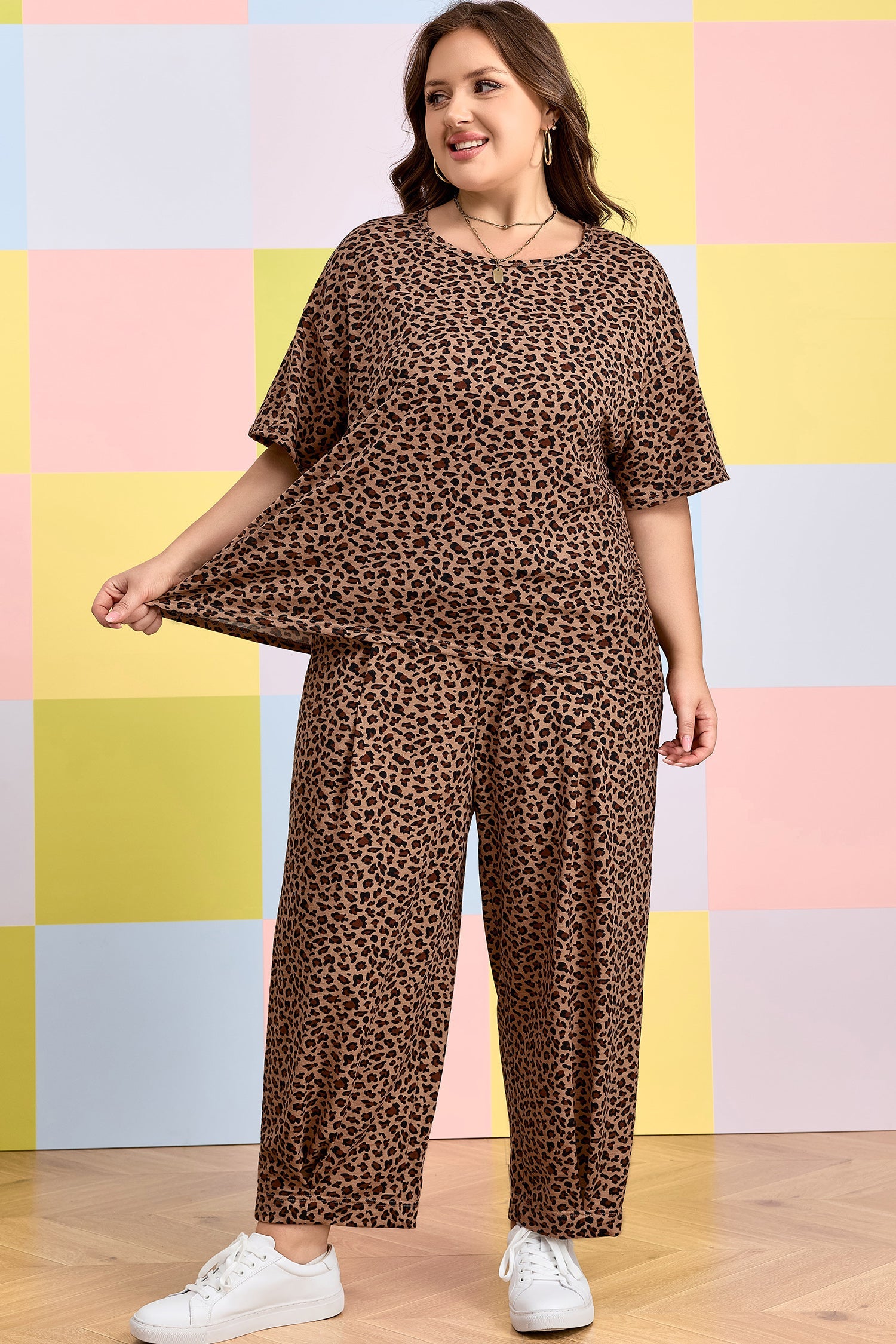 Plus Size Leopard Loose Top Pleated Pants Set