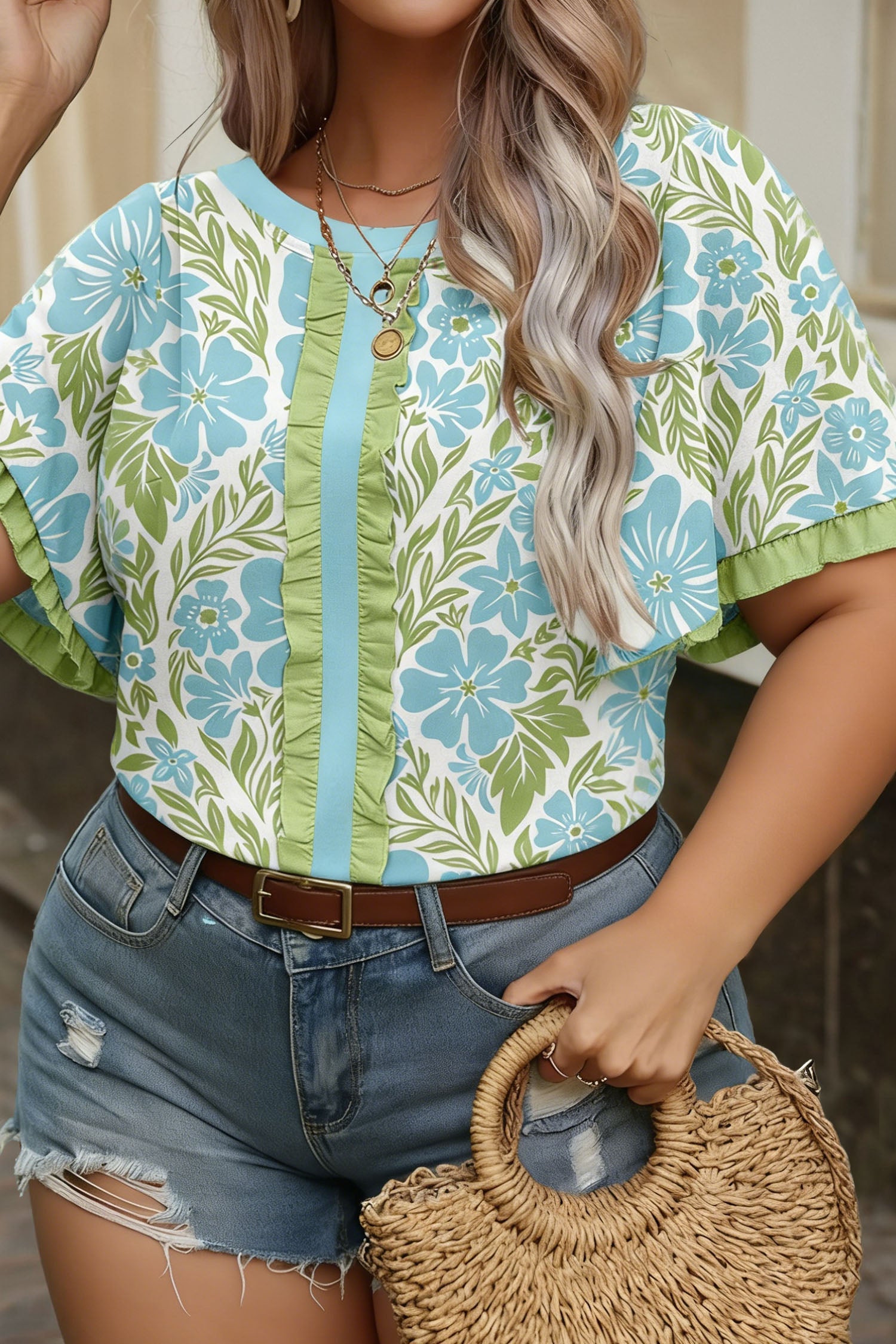 Plus Size Floral Frilled Color Block Trim Blouse