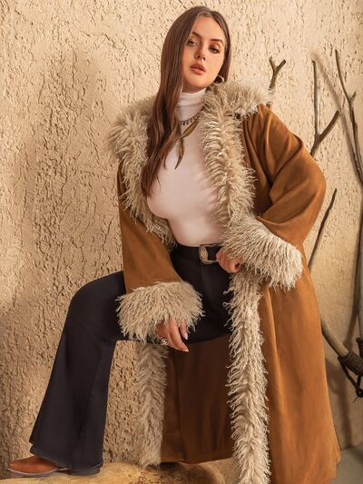 Plus Size Furry Trim Open Front Coat