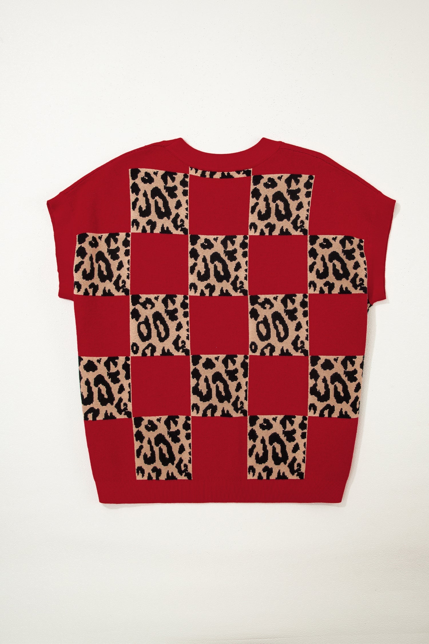 Plus Size Leopard Checkered Short Sleeve Sweater