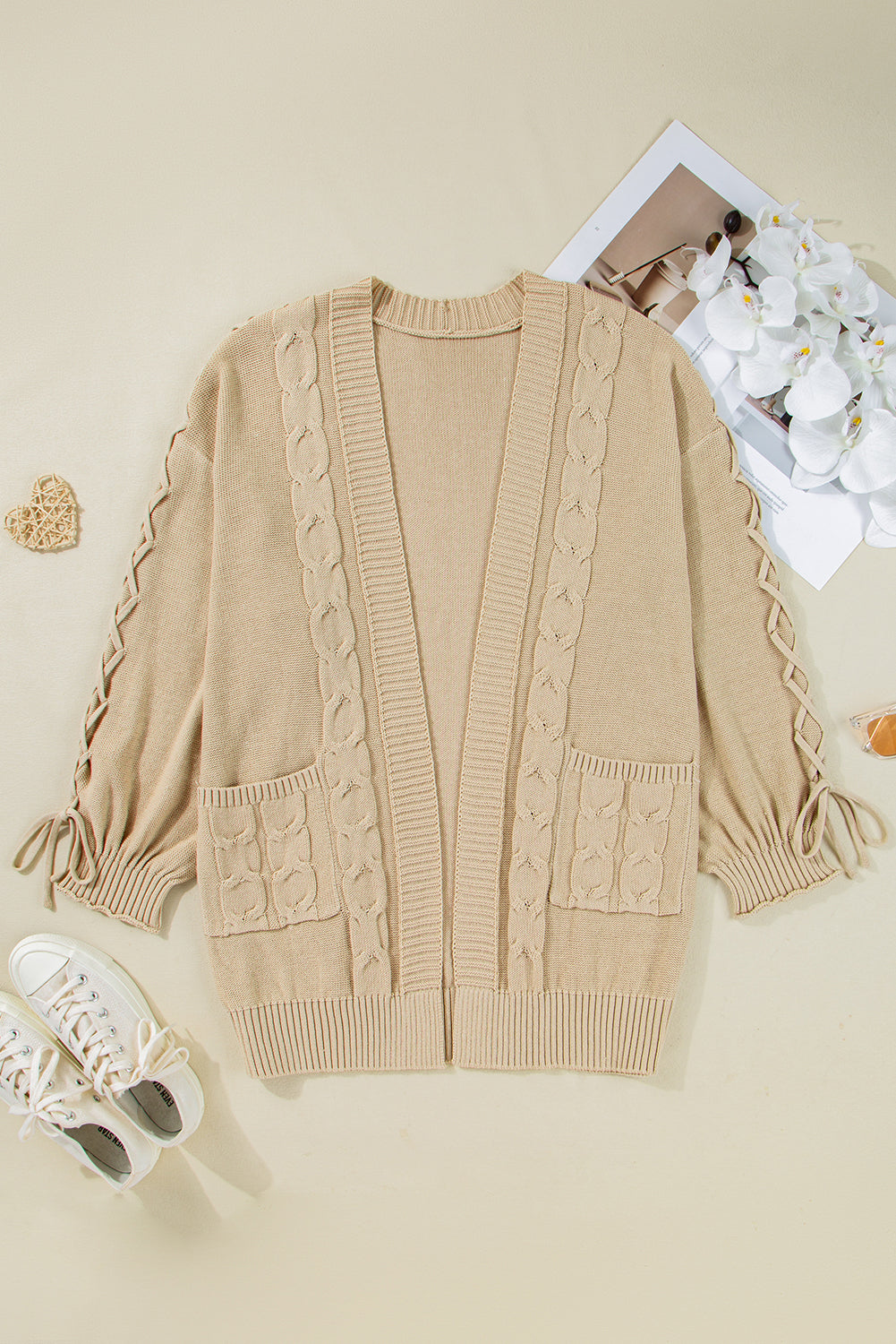 Plus Size Cable Knit Braided Tie Sleeve Cardigan