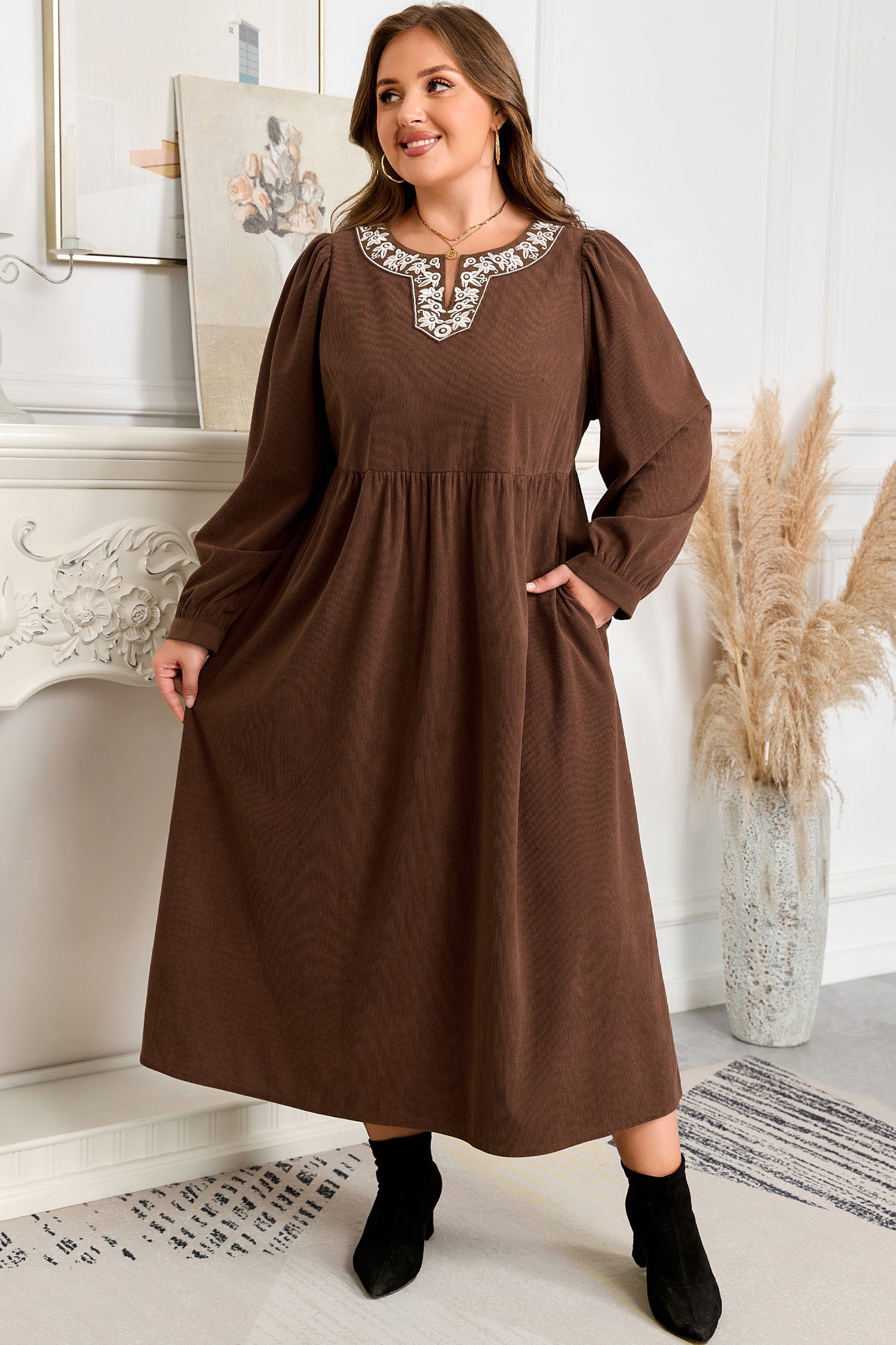 Plus Size Embroidered Notched Neck Pleated Midi Dress