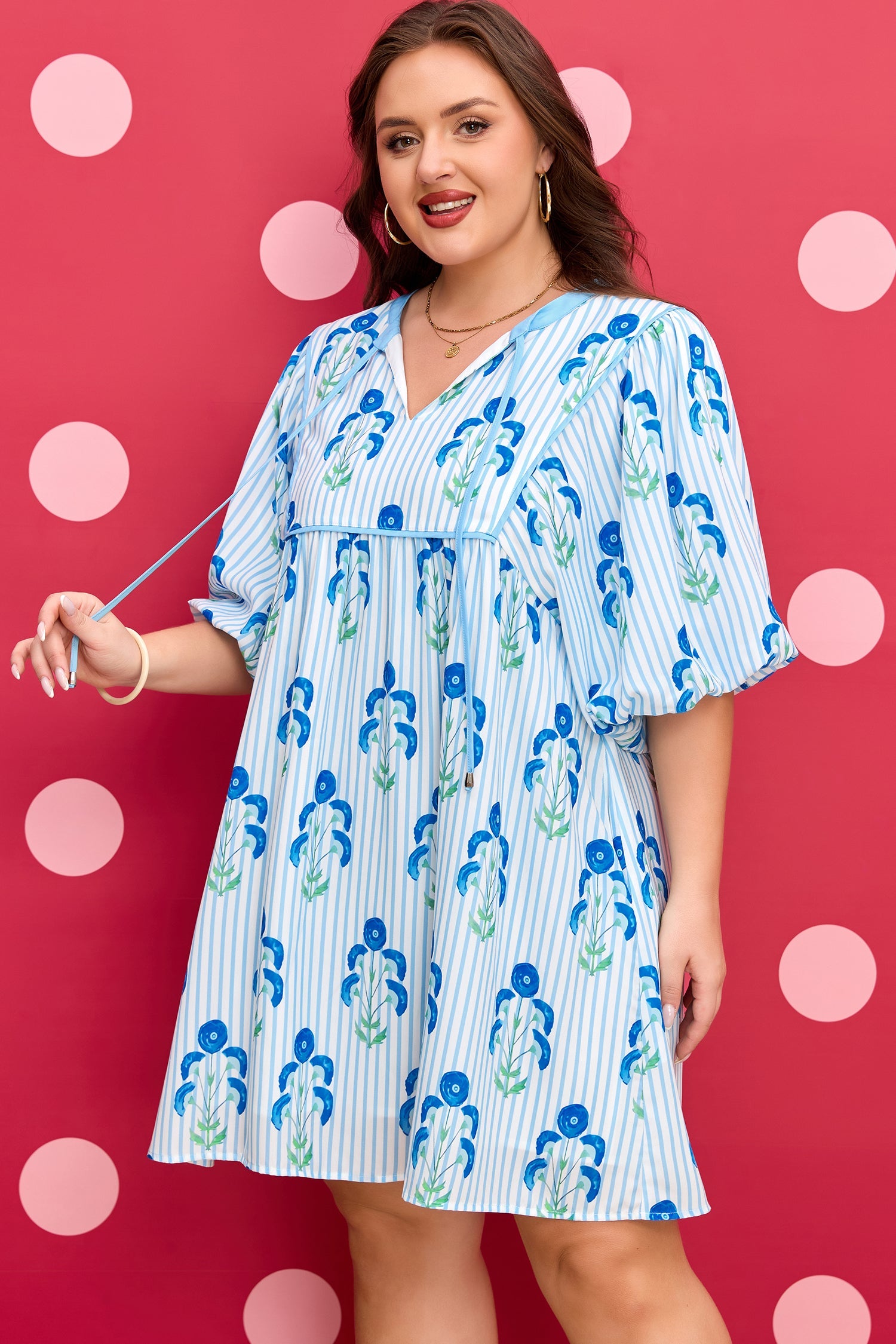 Plus Size Floral Striped Bubble Sleeve Dress