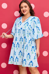 Plus Size Floral Striped Bubble Sleeve Dress
