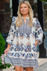 Plus Size Boho Print Split Neck Mini Dress
