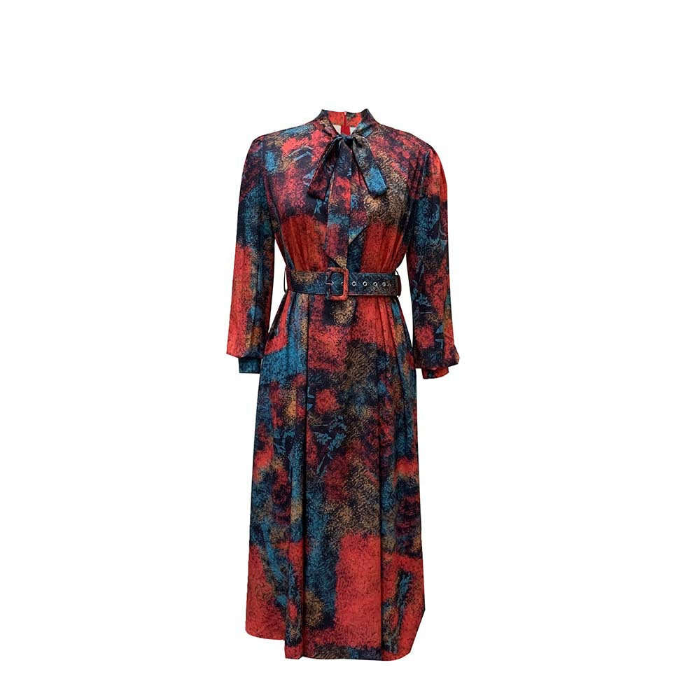 Plus Size Long Sleeve High Waist Printed Dress