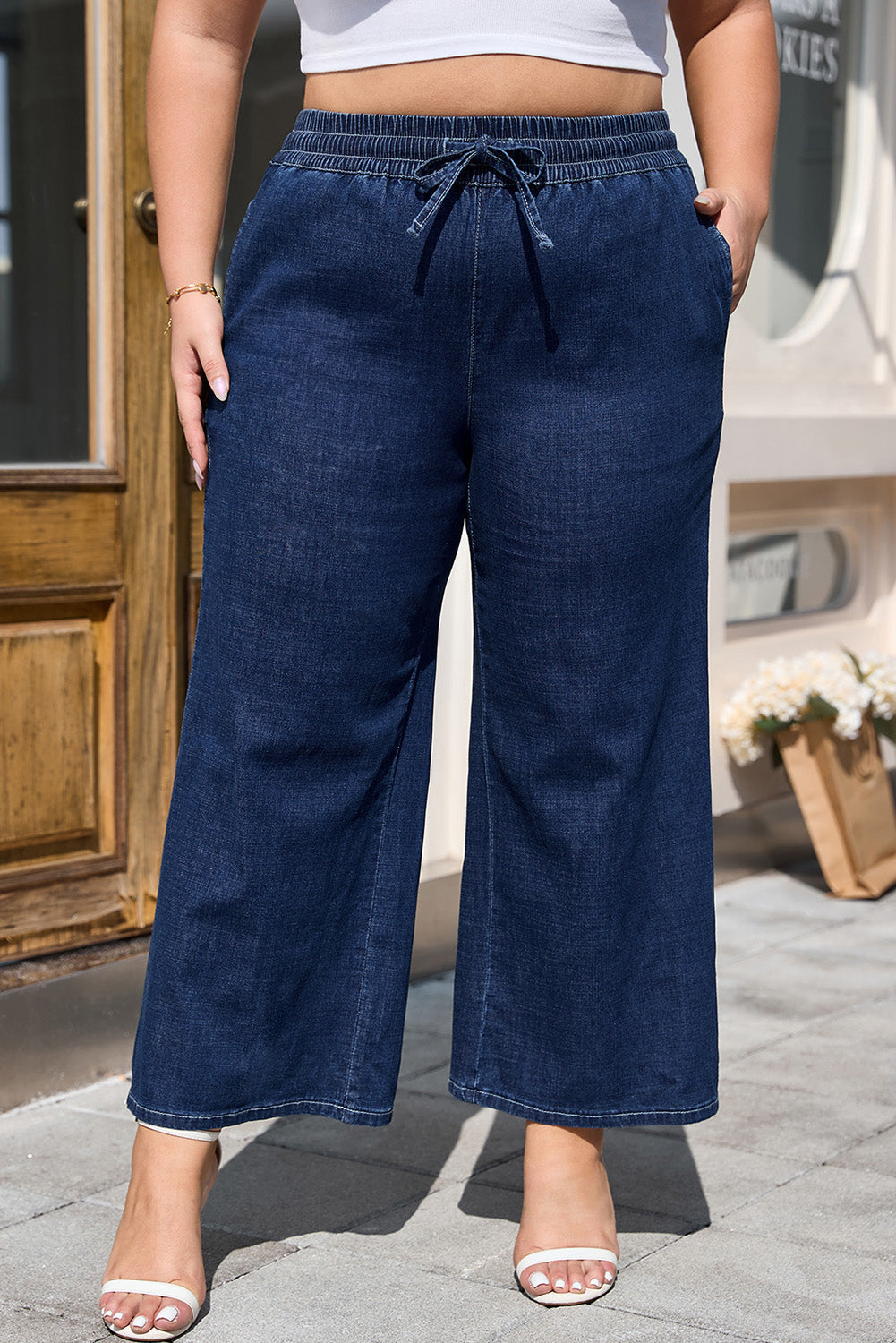 Plus Size Drawstring High Waist Wide Leg Jeans