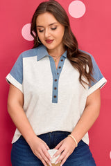 Plus Size Contrast Denim Patchwork Polo