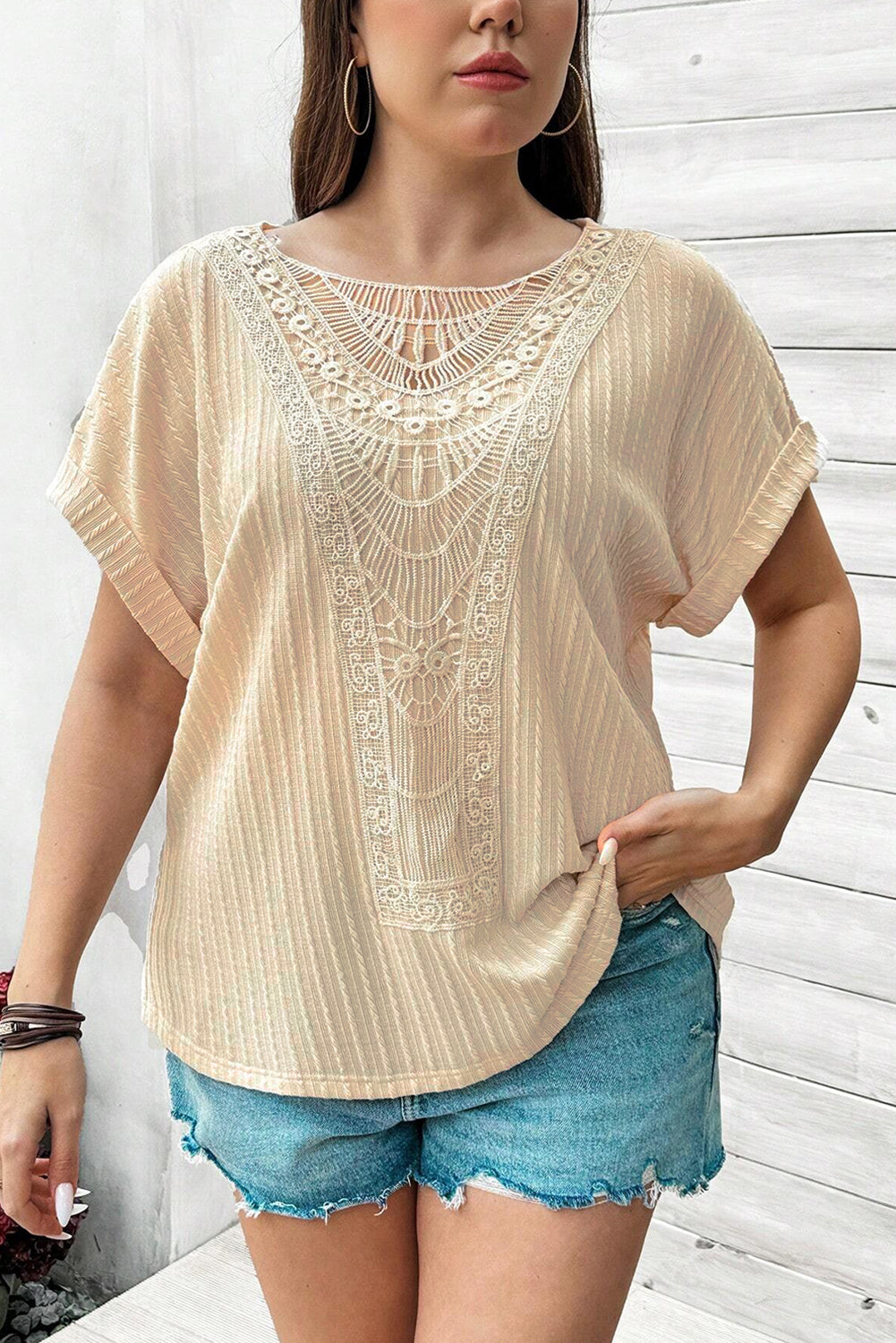 Plus Size Lace Crochet Cable Knit Top