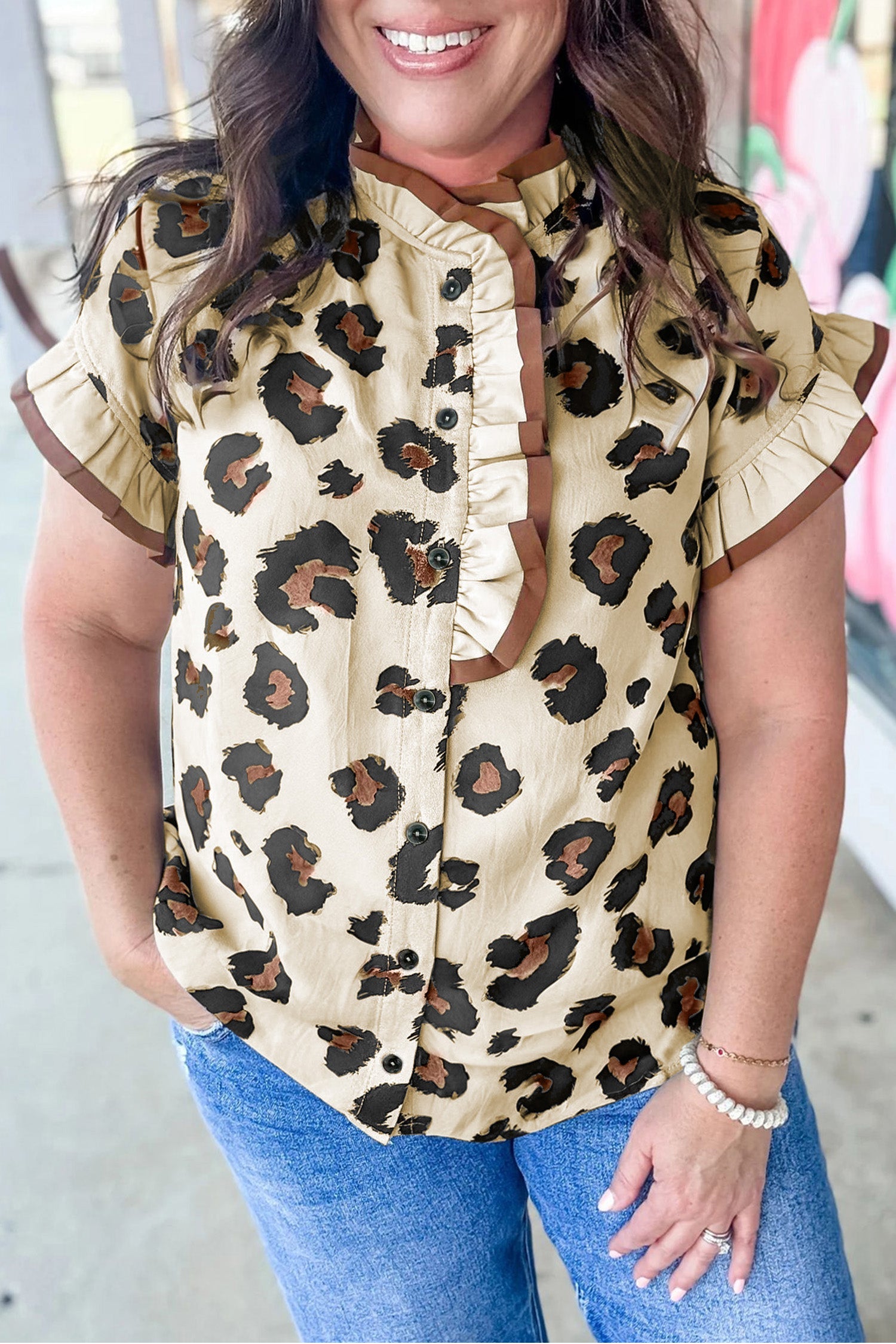 Plus Size Leopard Print Color Block Blouse