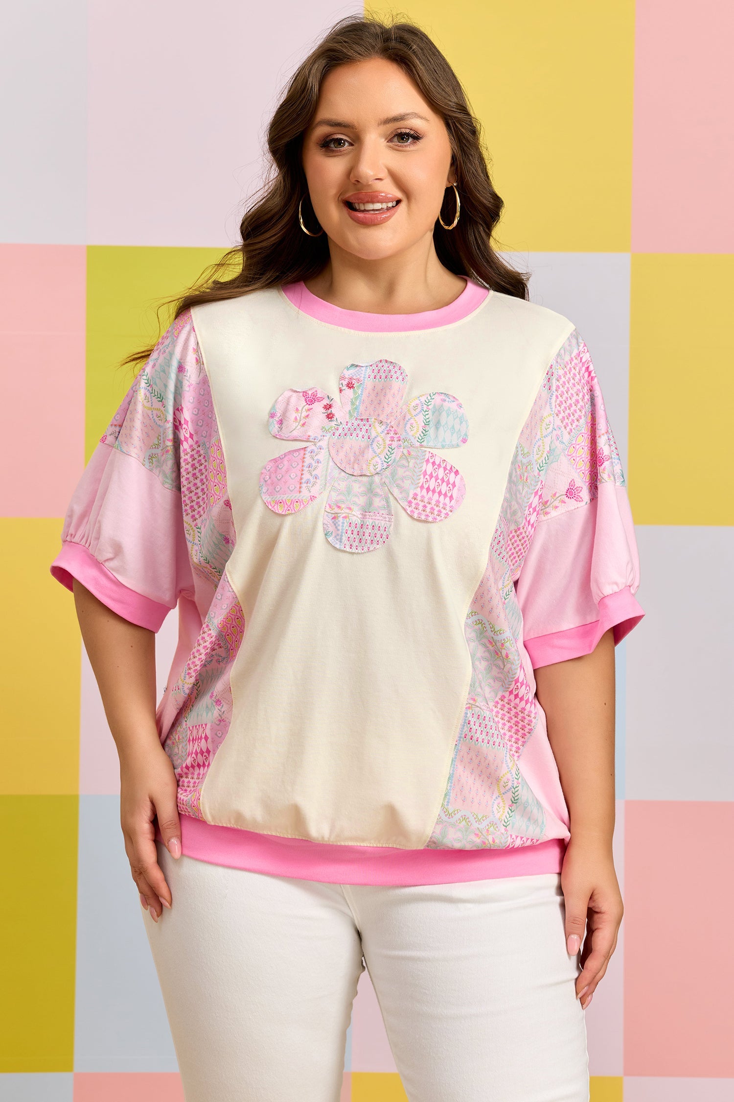 Plus Size Floral Patchwork Embroidery T Shirt