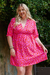 Plus Size 3/4 Sleeve V-Neck Leopard Babydoll Dress