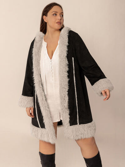 Plus Size Fuzzy Trim Open Front Hooded Coat