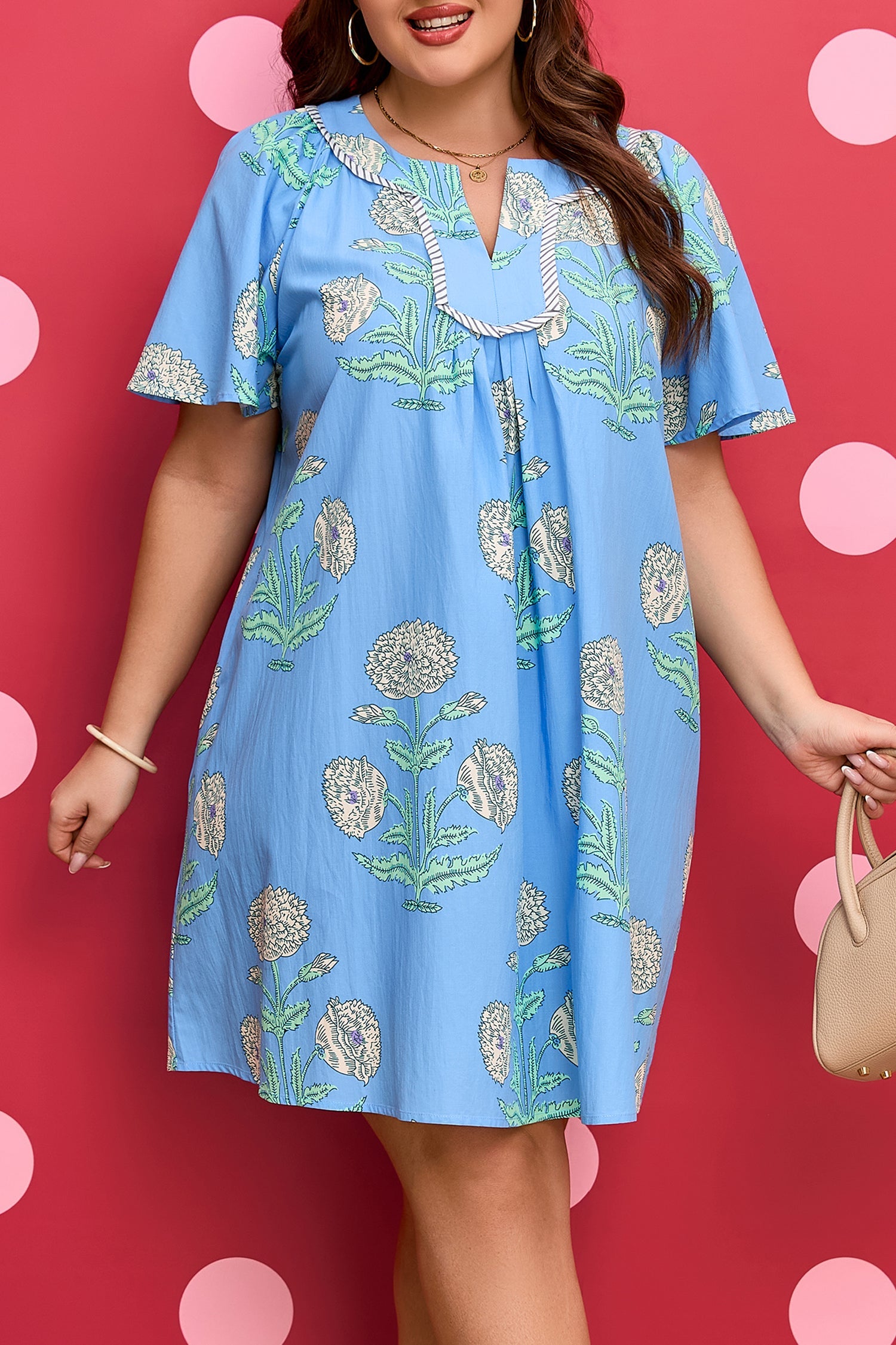 Plus Size Floral Split Neck Mini Dress