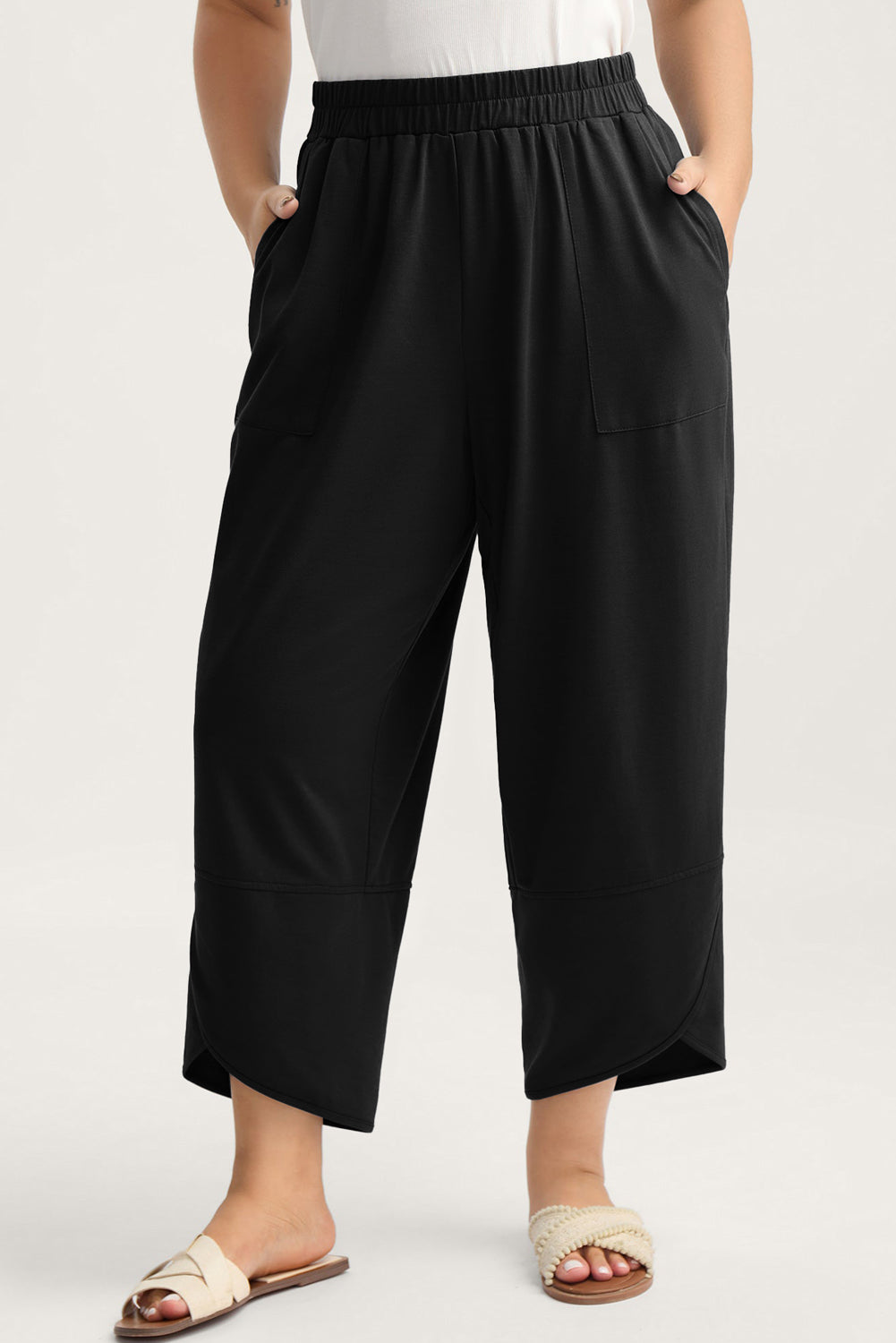 Plus Size Elastic Waist Asymmetrical Capris