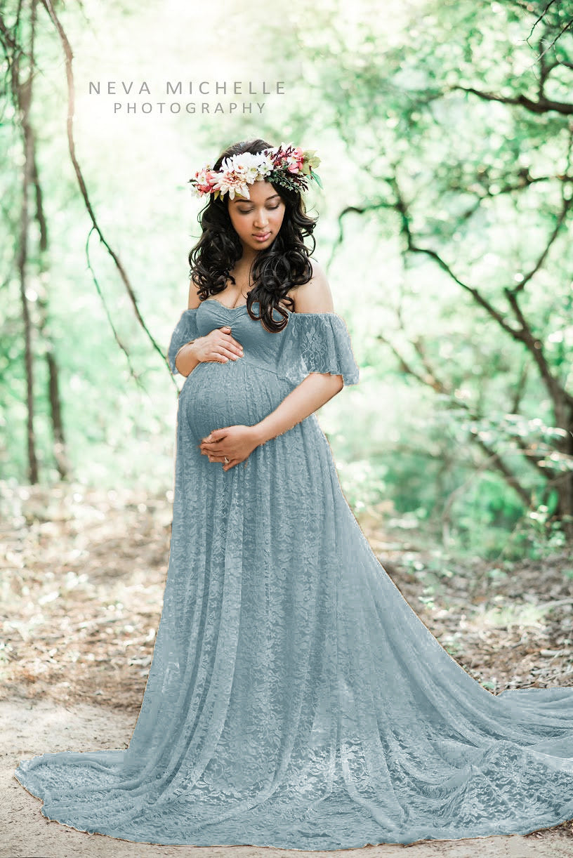 Plus Size Lace Ruffled Off-Shoulder Maternity Dress