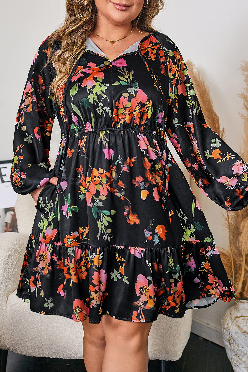 Plus Size Floral Tie Neck Mini Dress