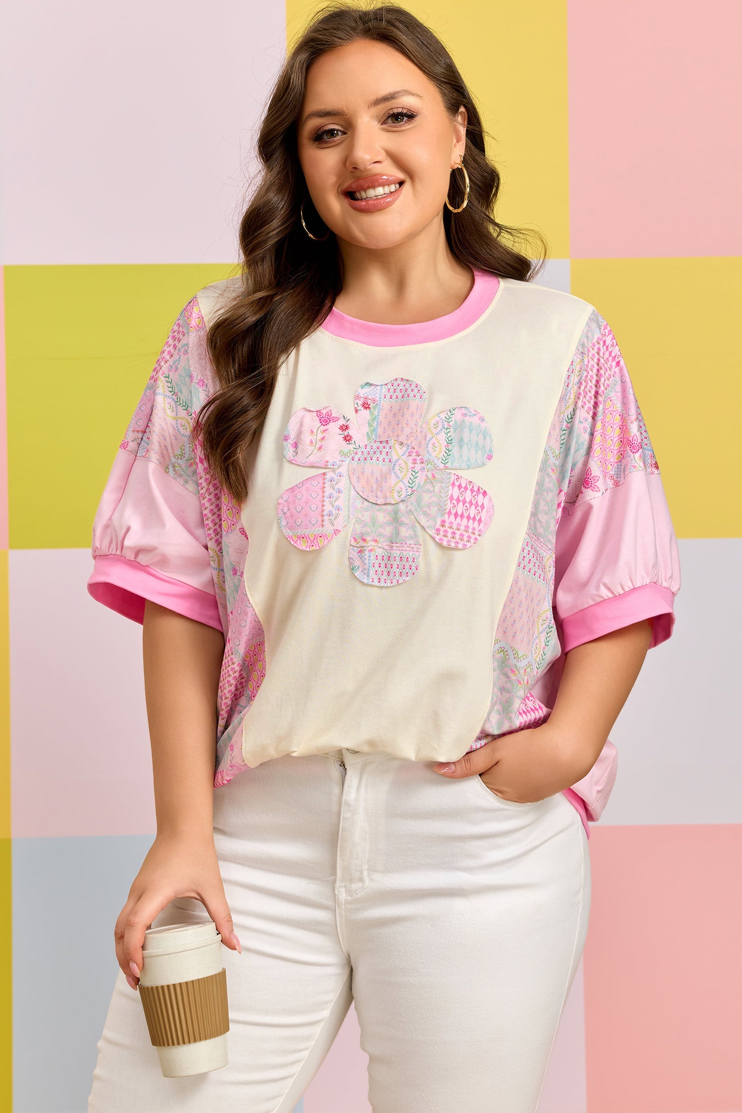 Plus Size Floral Patchwork Embroidery T Shirt