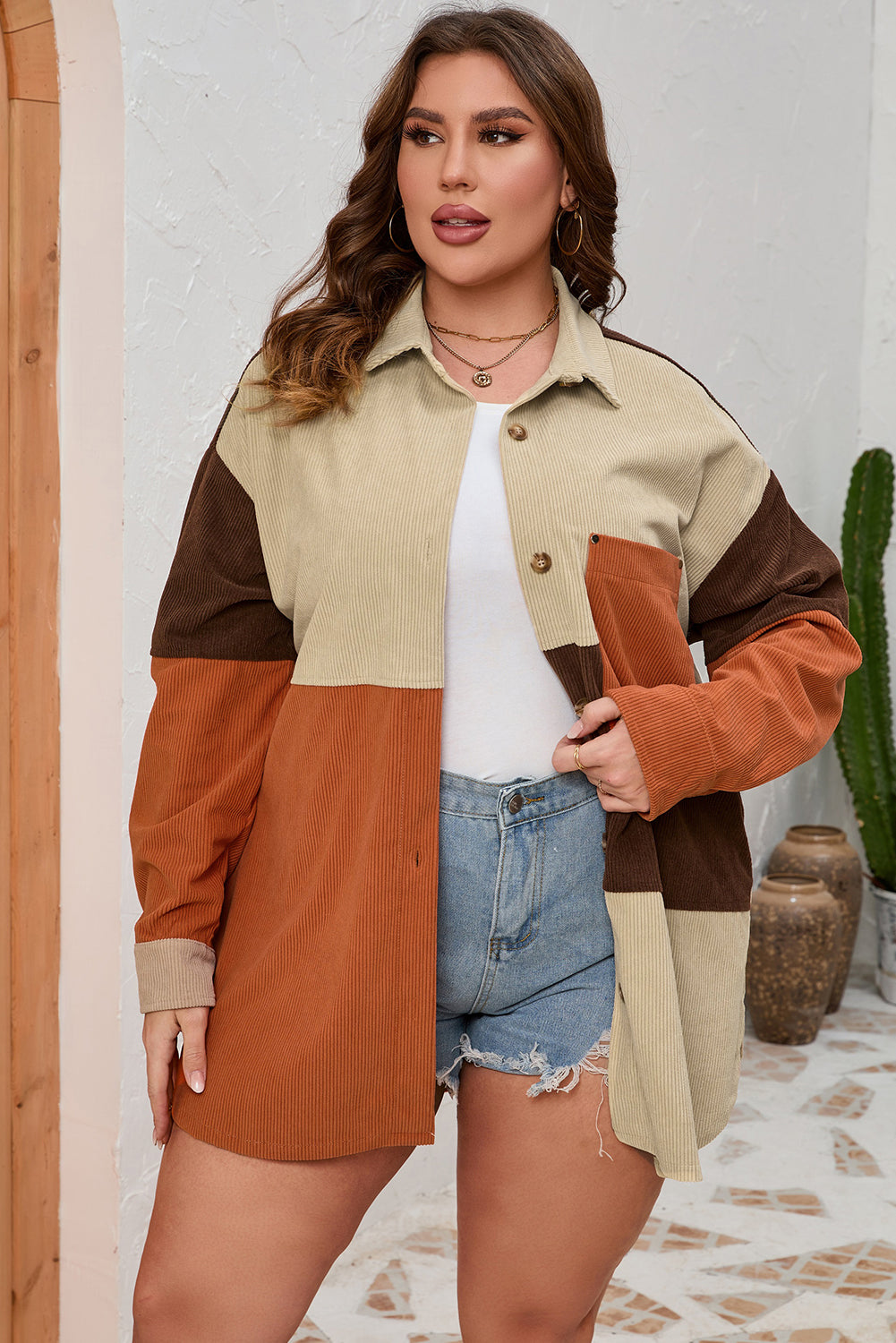 Plus Size Brown Corduroy Pocket Jacket