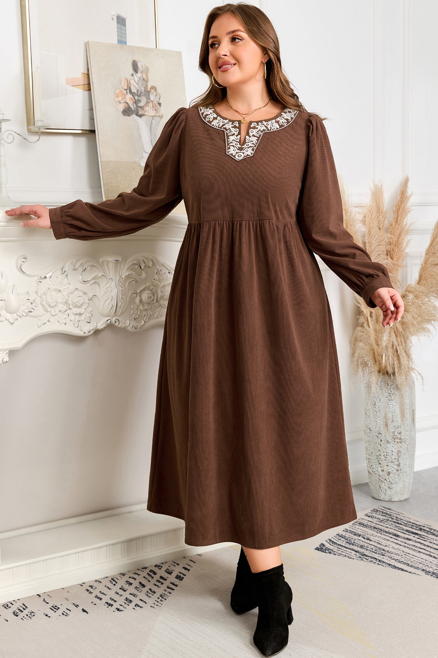 Plus Size Embroidered Notched Neck Pleated Midi Dress