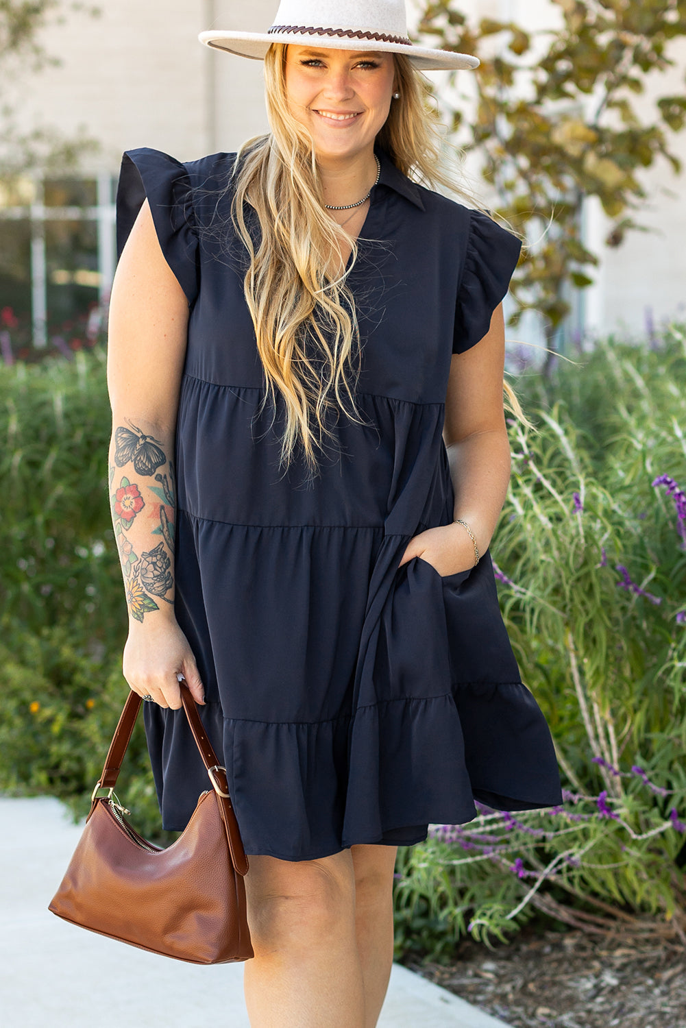 Plus Size Collared V Neck Flutter Sleeve Tiered Dress