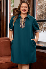 Plus Size Leopard Patchwork Quarter Zip Mini Dress